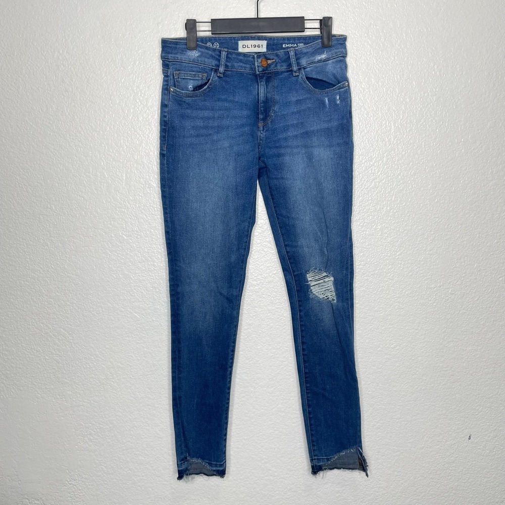 DL1961 Emma Power Legging Distressed Low Rise Skinny Jeans Blue 28 Raw Hem